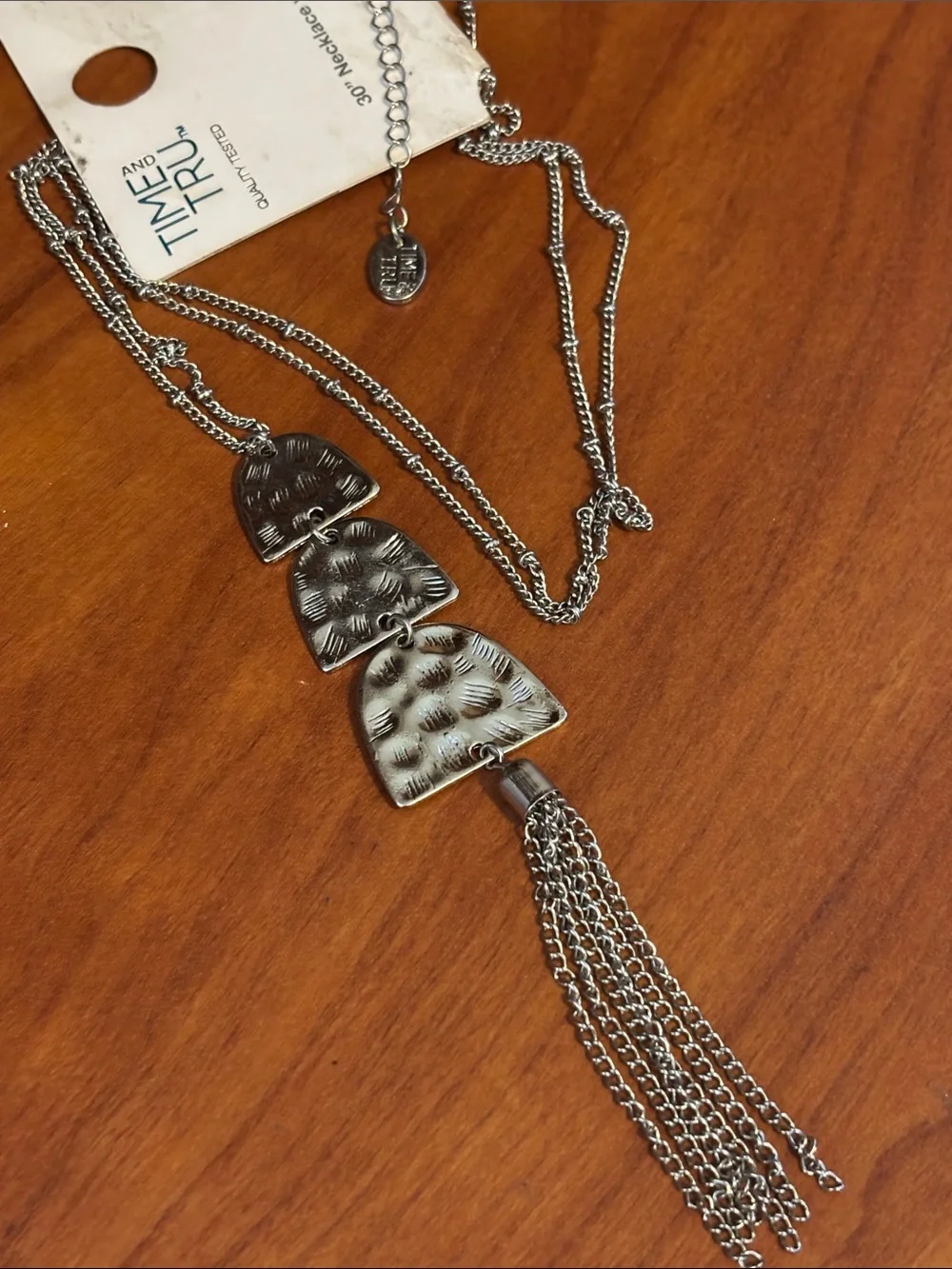 Time and Tru Silver Textured Triple-Arch Tassel Necklace